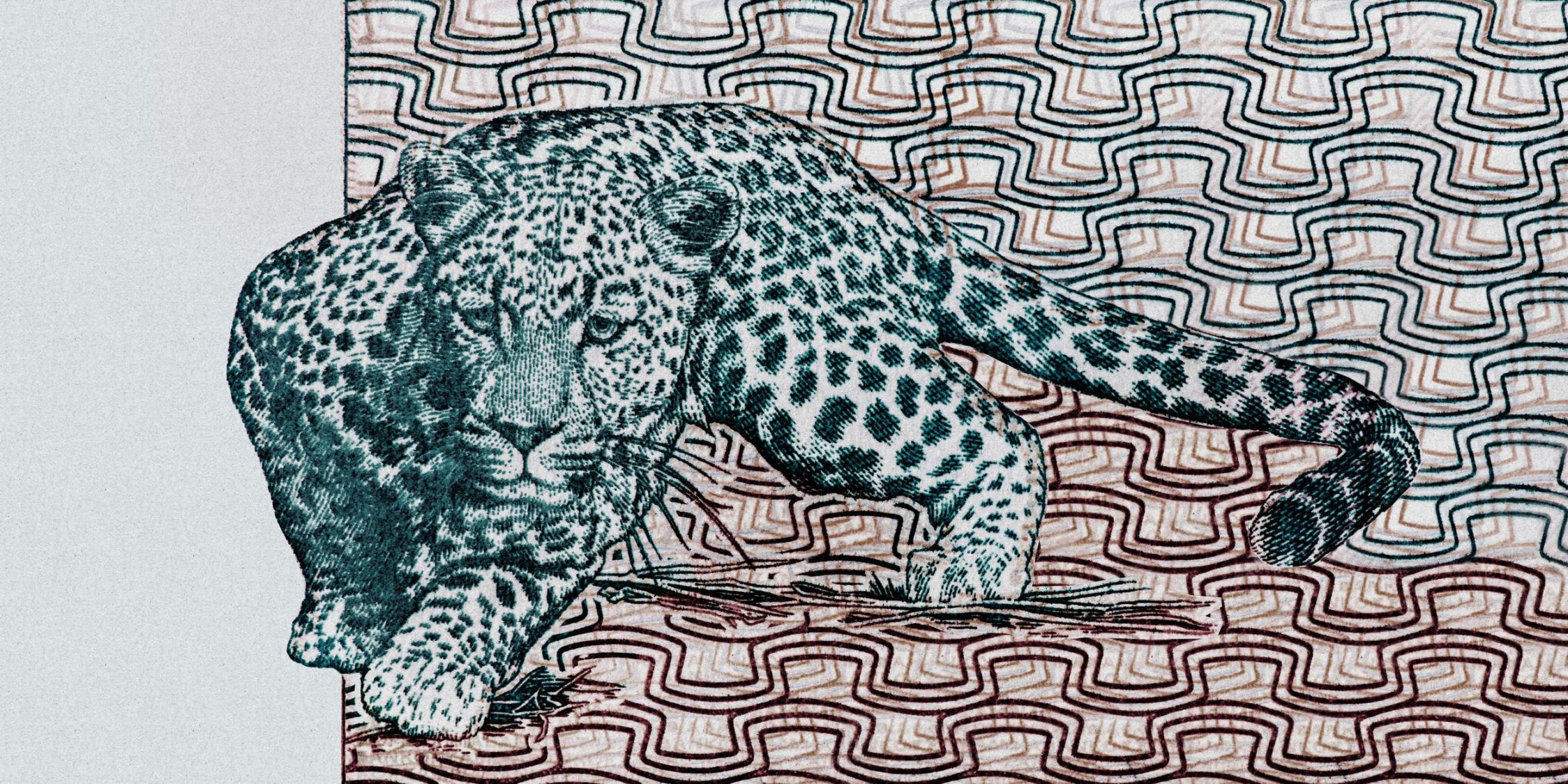             Fototapete »yugana« - Leopard vor abstraktem Muster – Kraftpapier-Struktur | Glattes, leicht perlmutt-schimmerndes Vlies
        