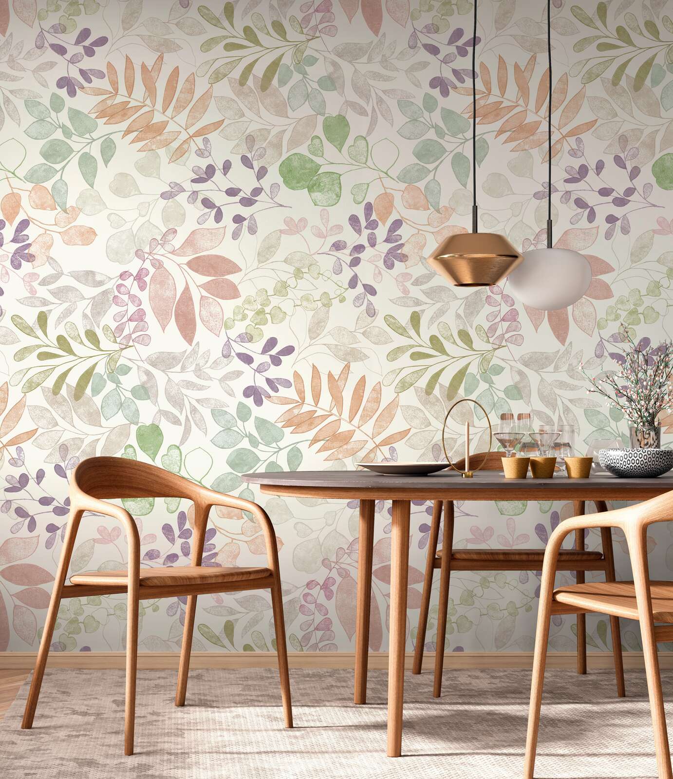             Motivtapete im XXL-Design mit Blumenmuster im Aquarelllook – Creme, Grün, Violett
        