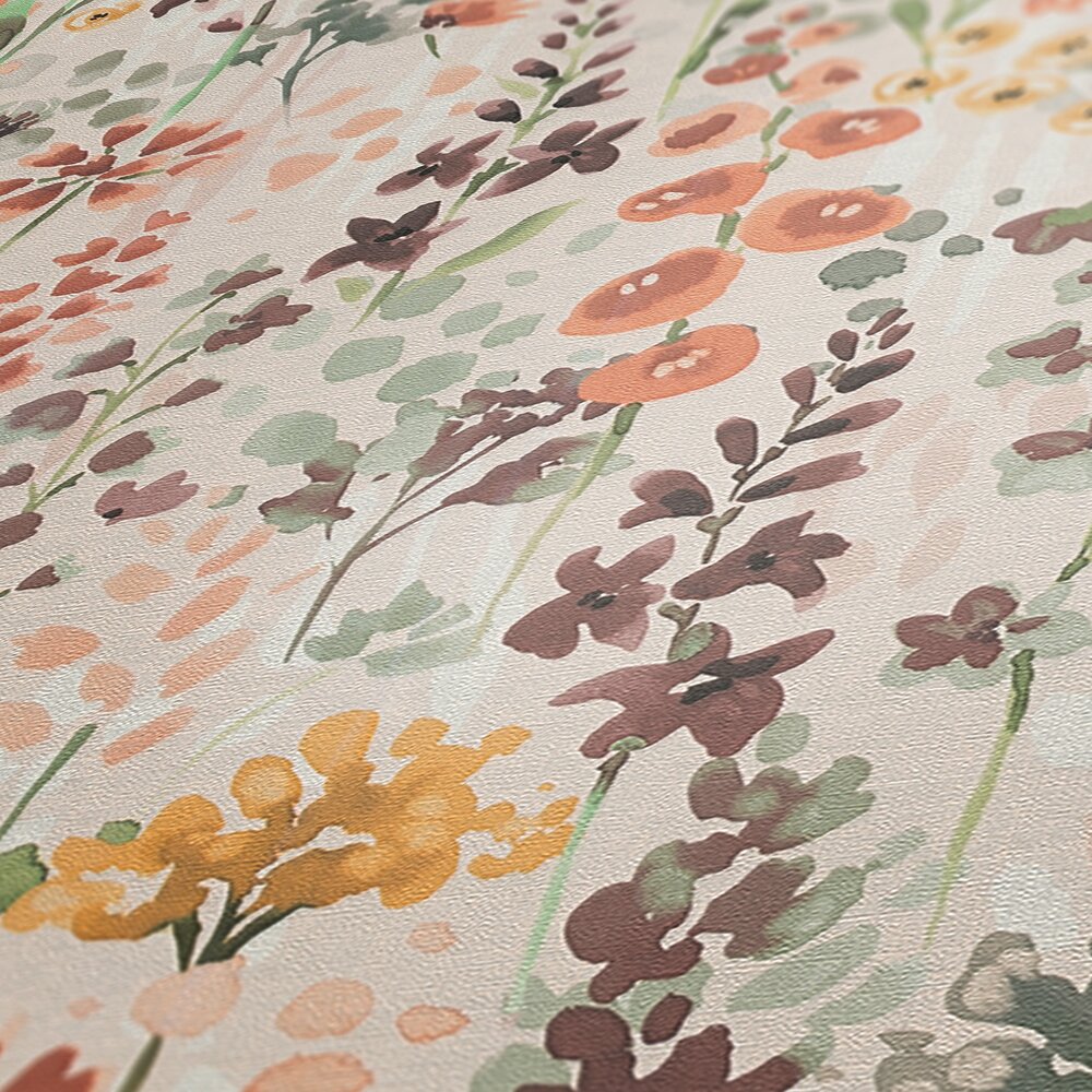             Vliestapete bunte Blumenwiese im Aquarelldesign – Beige, orange, Braun
        