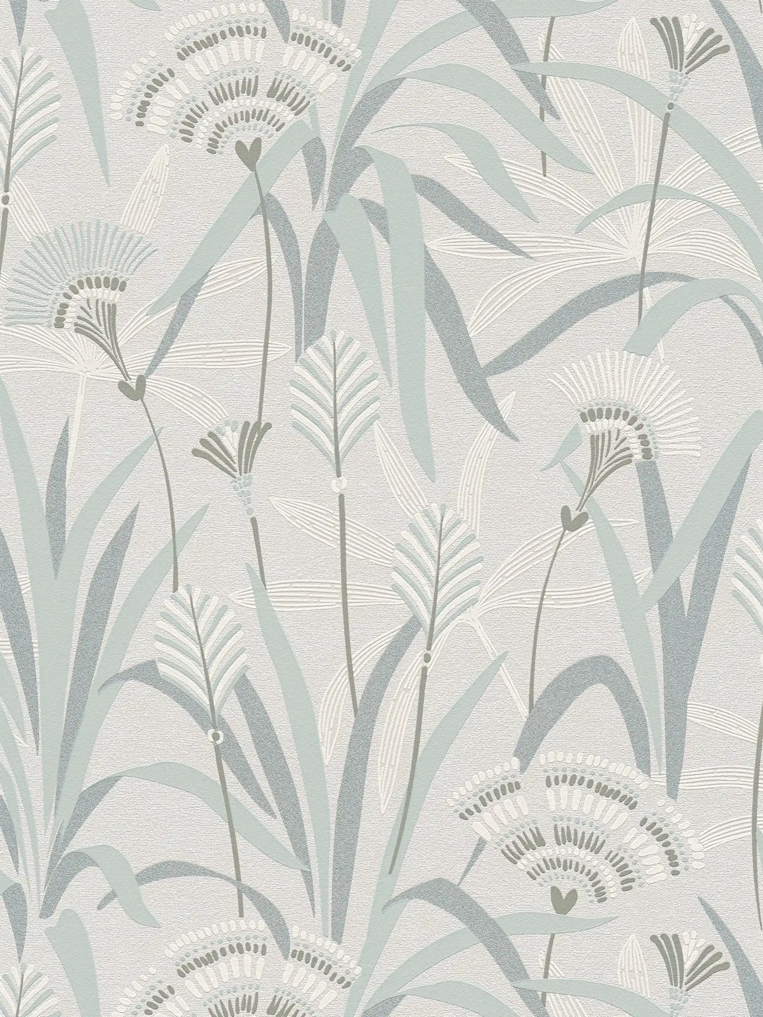         Blumen und Gräser Vliestapete im Retrodesign – Grau, Blau, Grün
    