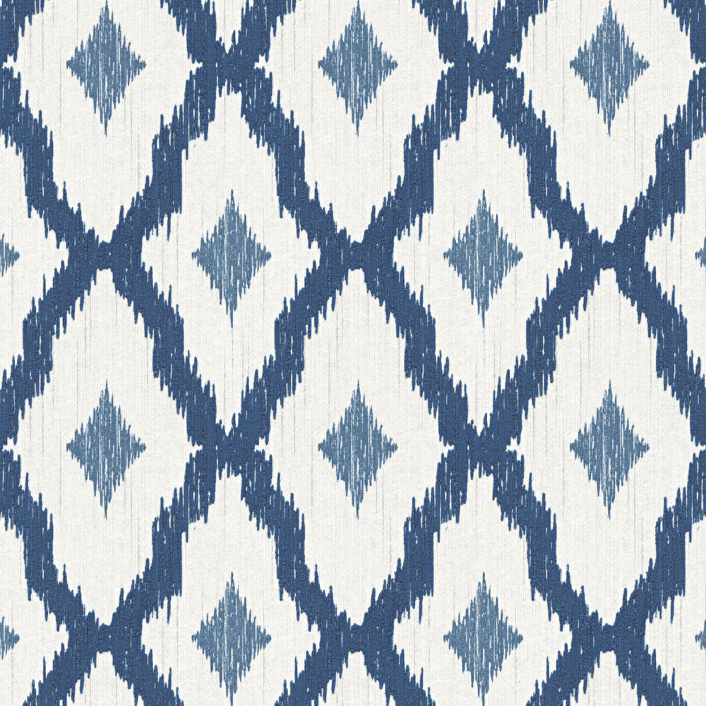             Vliestapete Ikat Muster mit Rauten Motiv – Blau, Weiß
        