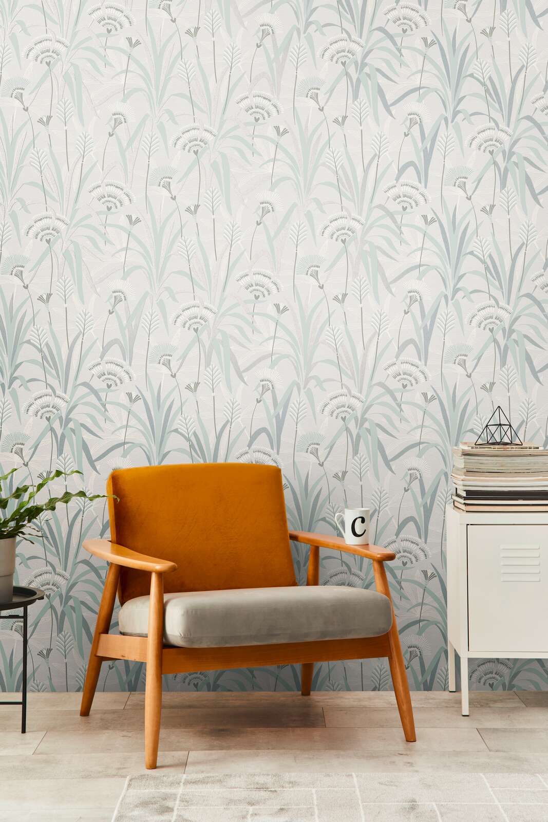             Blumen und Gräser Vliestapete im Retrodesign – Grau, Blau, Grün
        