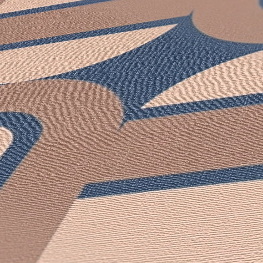             Mit Ovalen und Balken verzierte Tapete im Retro Stil – Blau, Braun, beige
        