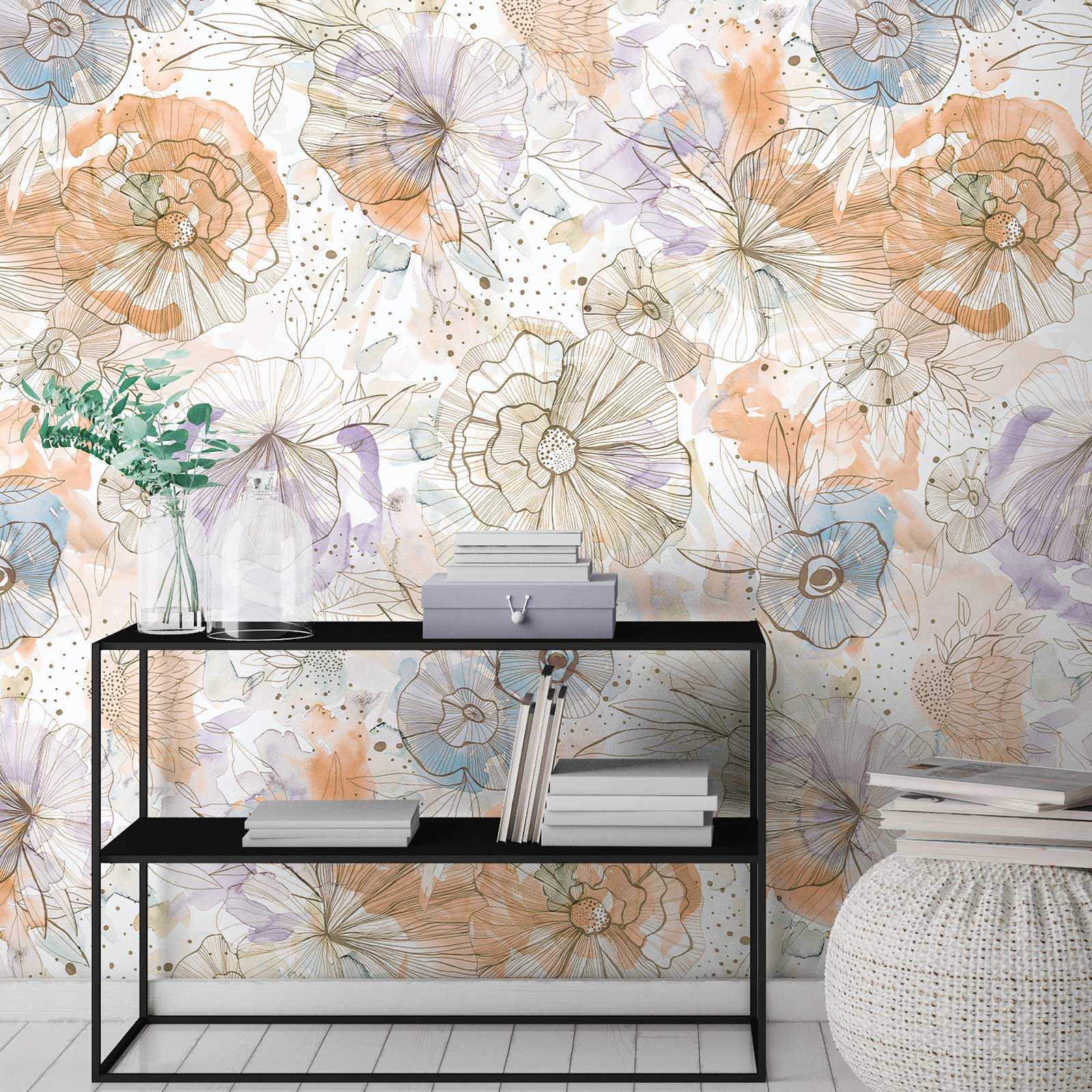         Motivtapete im XXL-Design mit Blumen und Blüten in Aquarelloptik – Beige, Orange, Blau
    