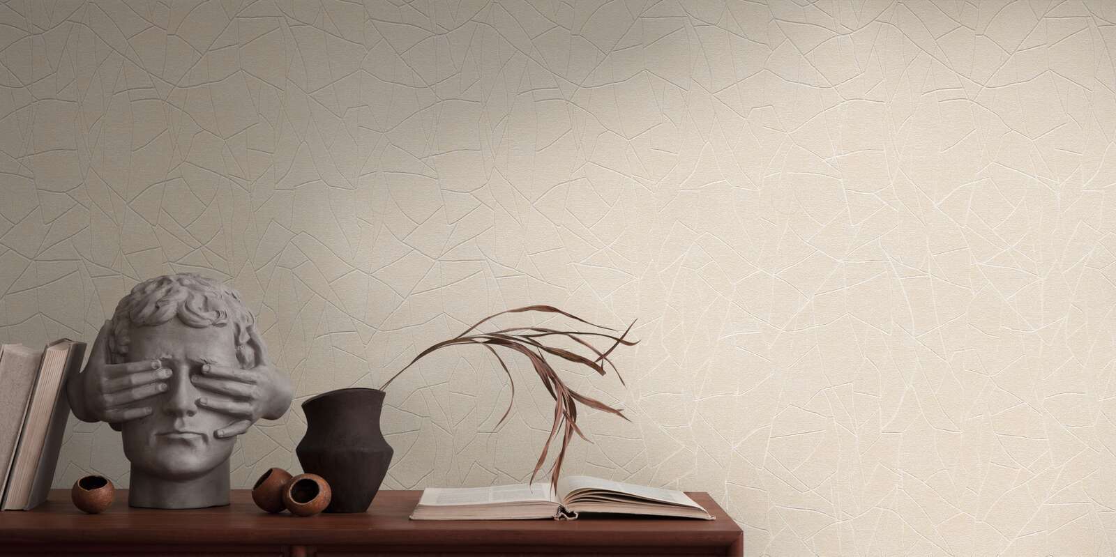             Vliestapete mit grafischem 3D Naturmotiv – Beige, Creme, Weiß
        