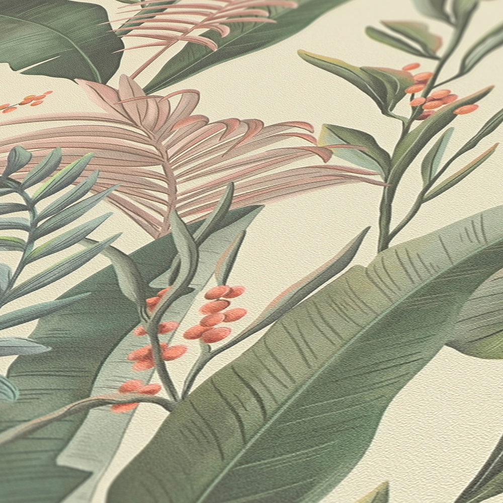             Florale Tapete mit Blättern im Dschungel Stil strukturiert matt – Creme, Grün, Beige
        