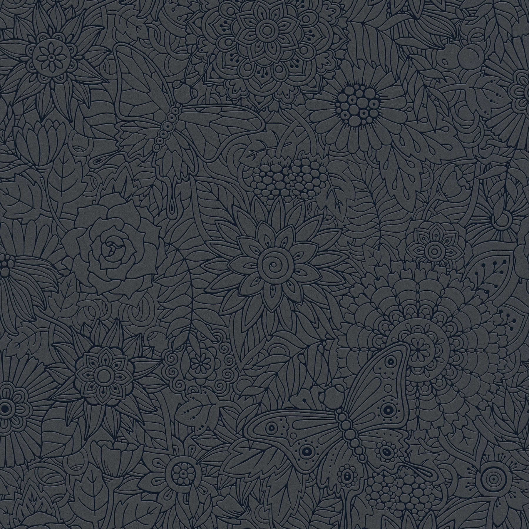 Schwarze Vliestapete Blumen Muster, matt & glänzend – Schwarz, Metallic
