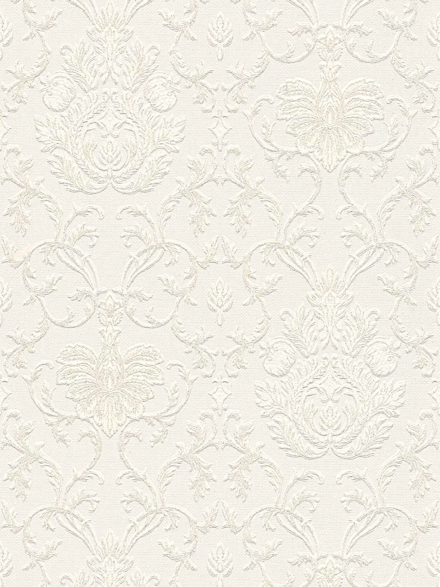         Glitzer Effekt Tapete mit 3D Ornament Design – Weiß
    
